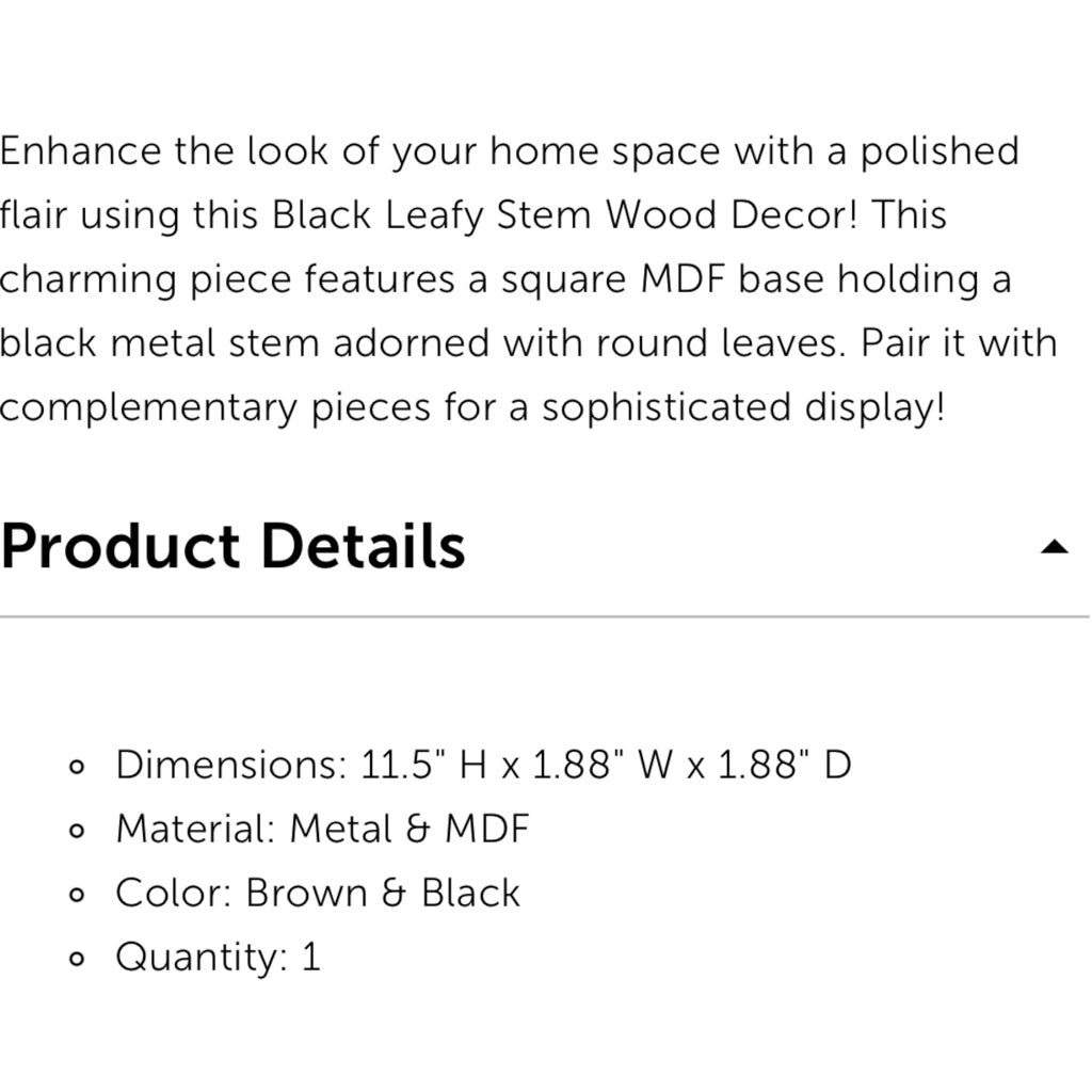 Black Leafy Stem Wood & Metal Decor