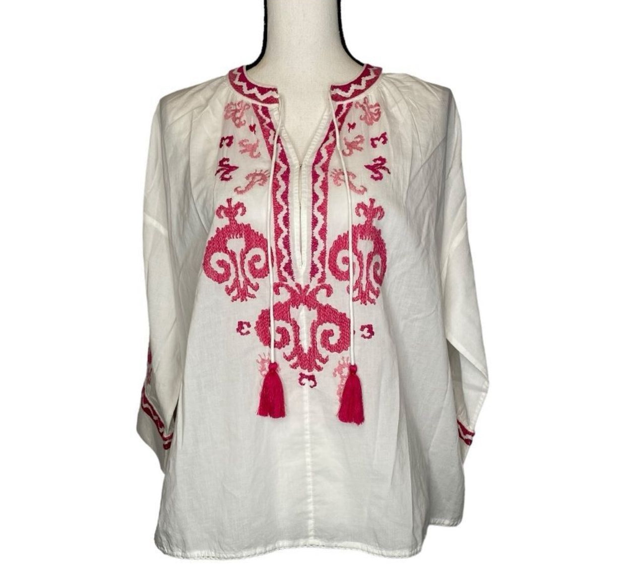 Chico's Easy Peasant Embroidered 3/4 Sleeve Boho Top - Size Large