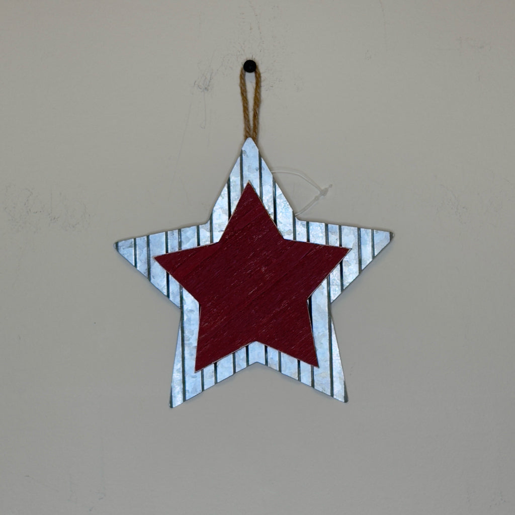 6 1/2" Red Wood & Metal Hanging Star