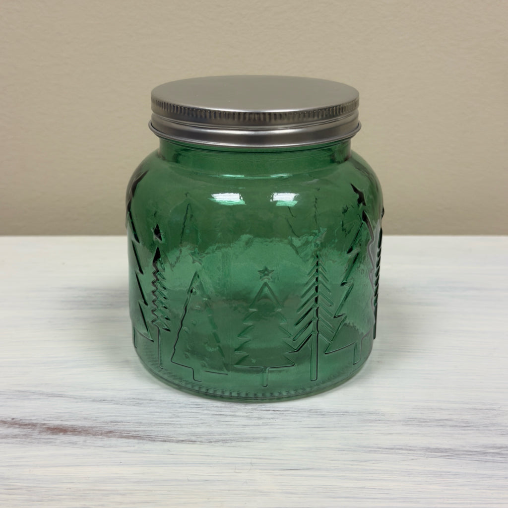 Green Christmas Tree Embossed Glass Jar w/Lid
