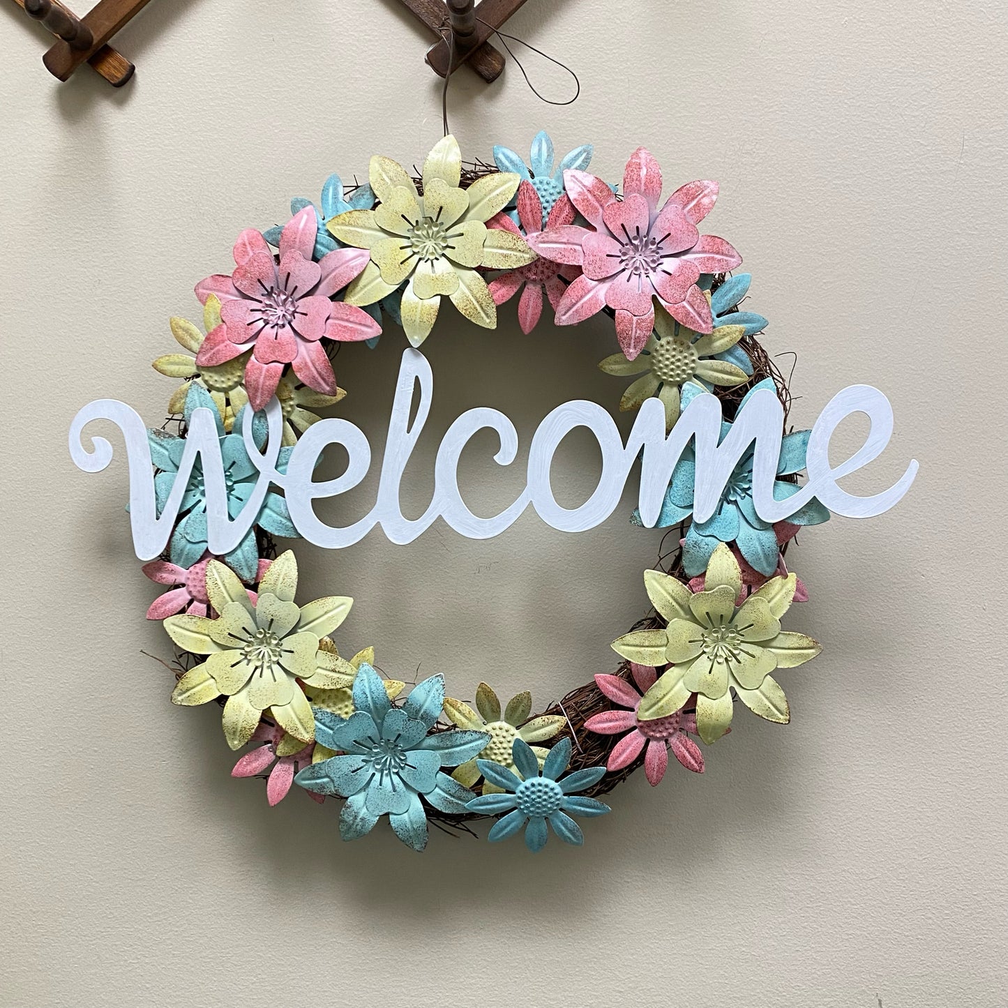 Welcome Wreath w/Pastel Metal Flowers