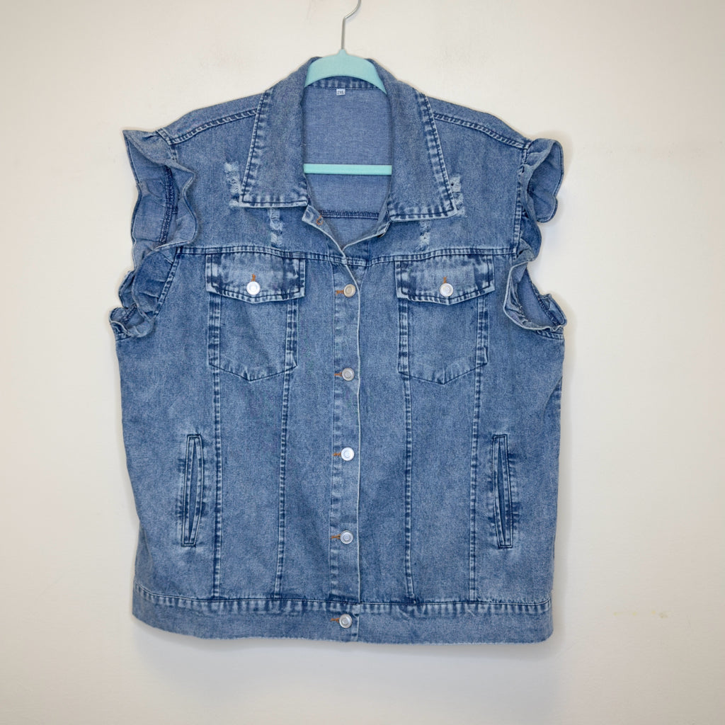 Chambray Ruffle Sleeve Button Front Vest - Size 2XL