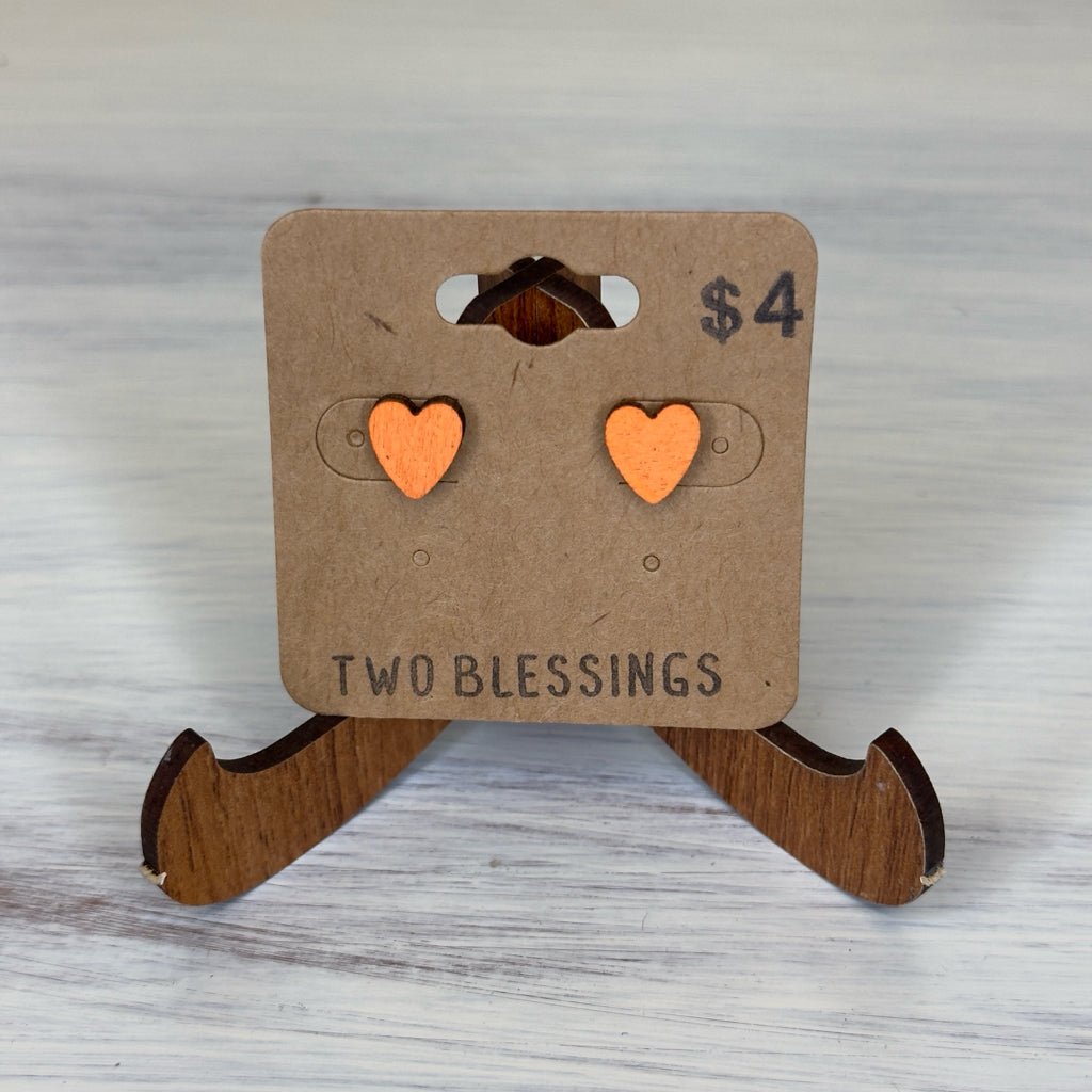 Two Blessings Earrings - Wood Heart - Orange