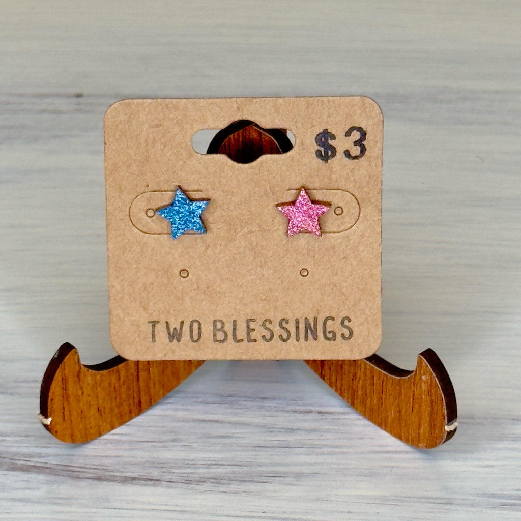 Two Blessings Earrings - Wood Star - Red/Blue