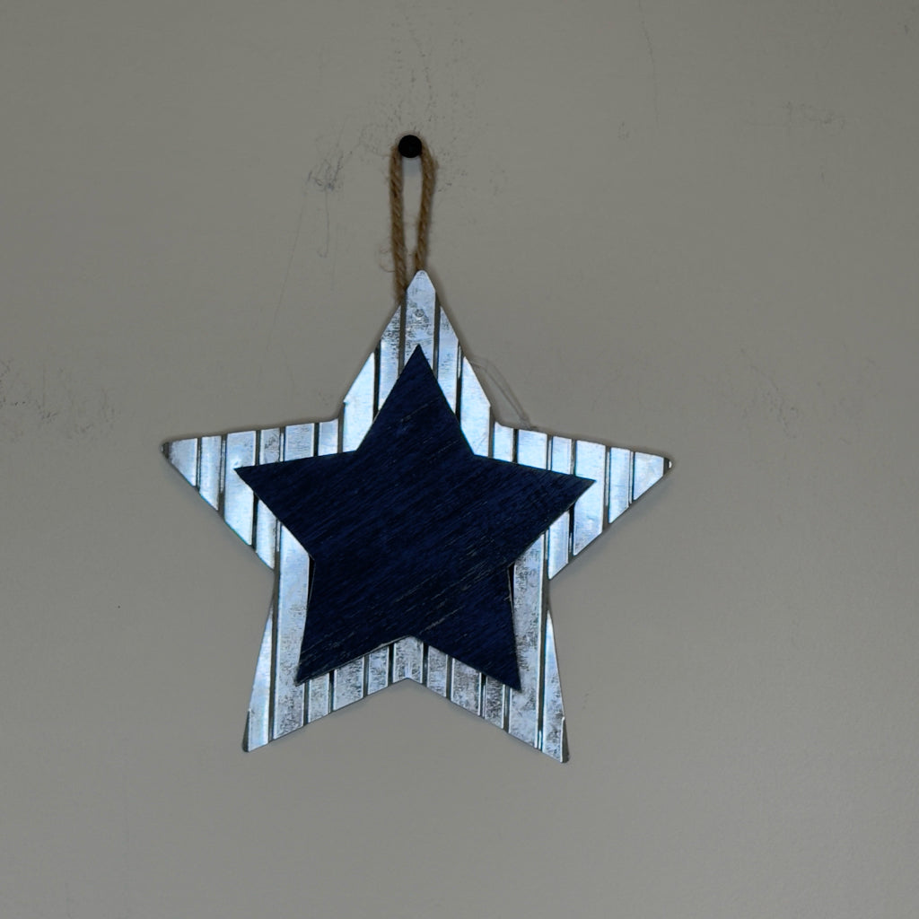 6 1/2" Navy Blue Wood & Metal Hanging Star