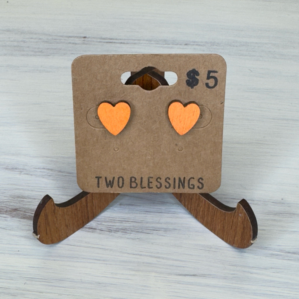 Two Blessings Earrings - Wood Heart - Orange