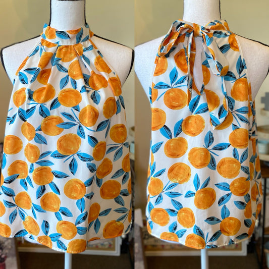Orange Print Tie Neck Sleeveless Top - Size Large