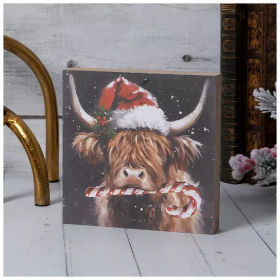Candy Cane Highland Cow Wood Decor
