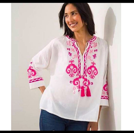 Chico's Easy Peasant Embroidered 3/4 Sleeve Boho Top - Size Large