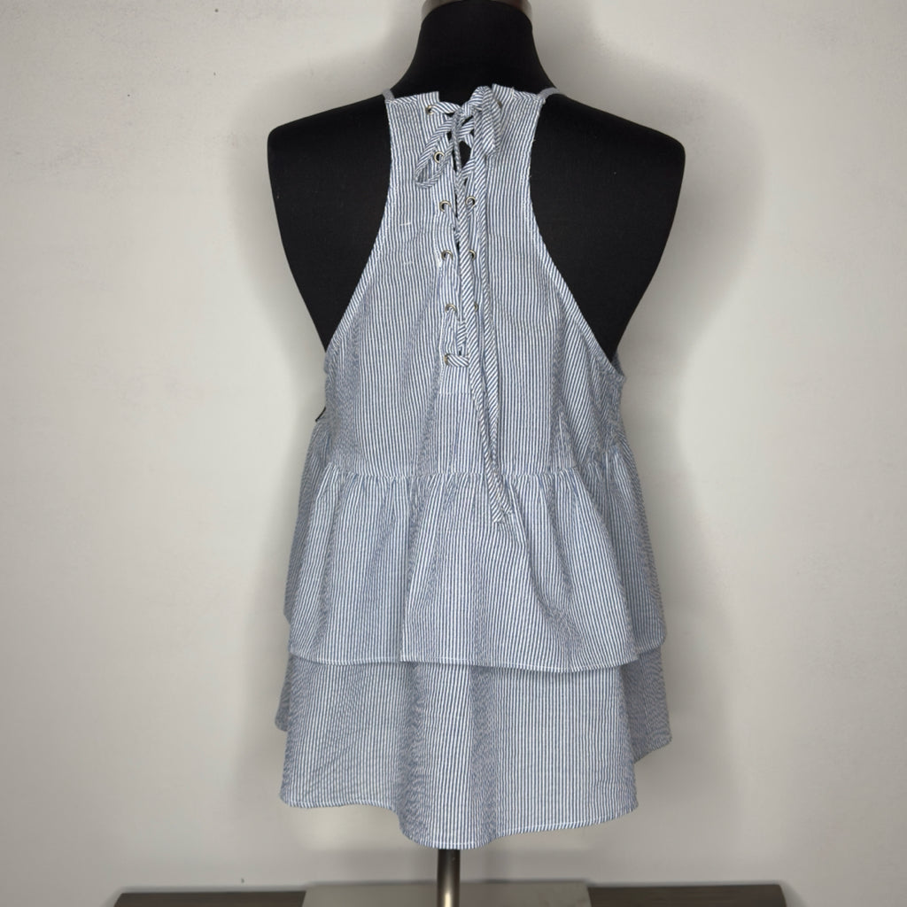 Miss Me Seersucker Embroidered Lace Back Tiered Tank Top - Size Large