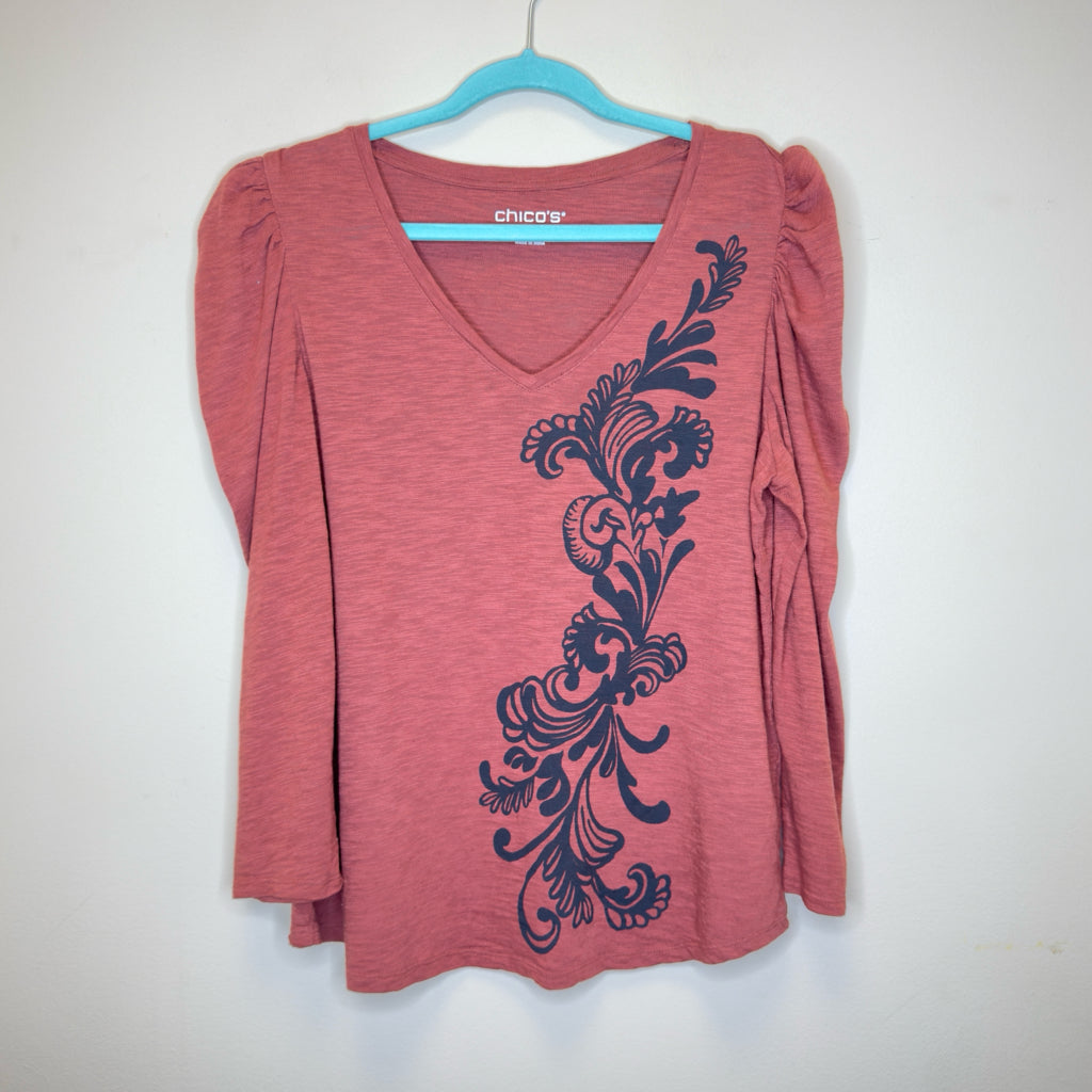 Chico's Scroll Print 3/4 Sleeve Romantic Tee - Size Large
