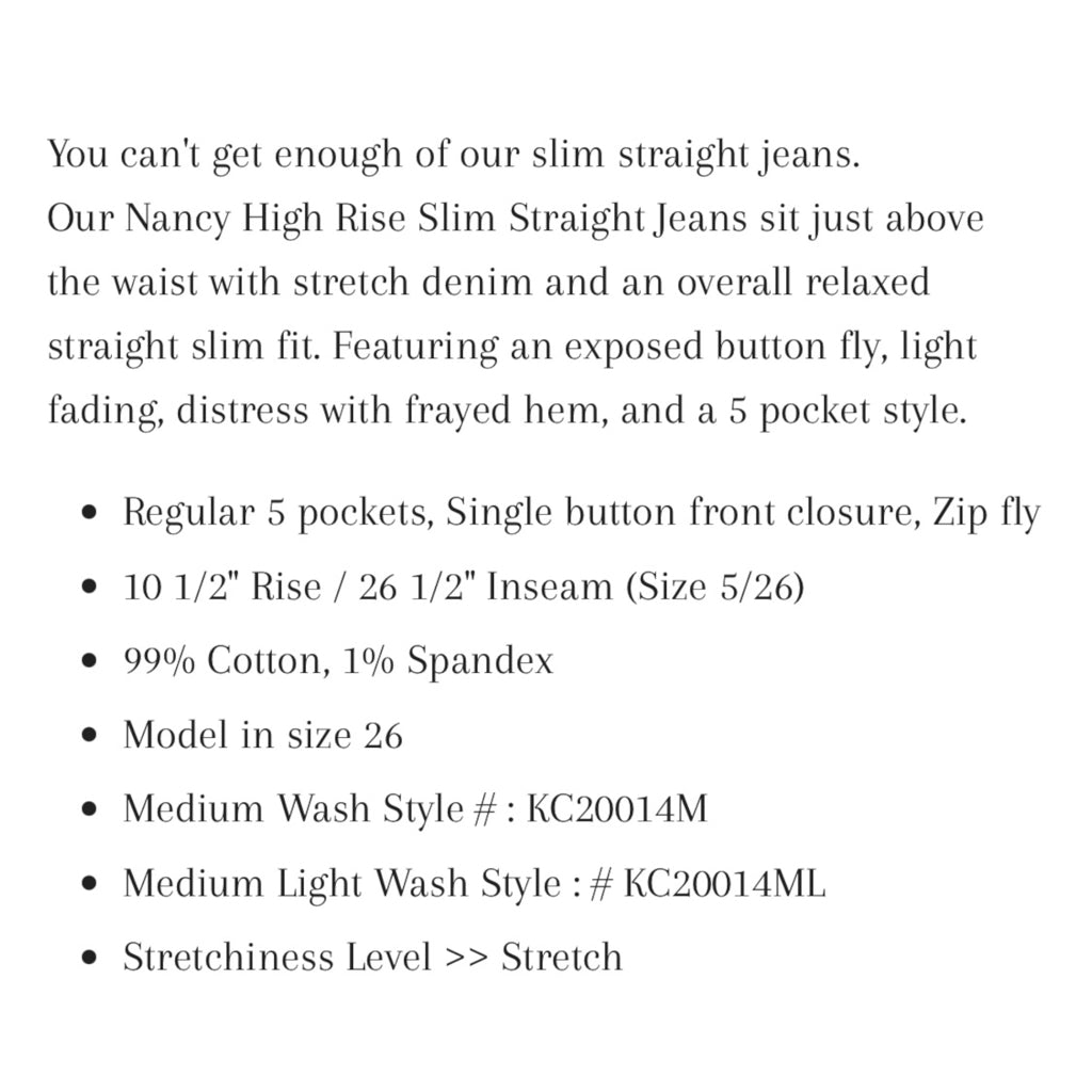 KanCan Nancy High Rise Slim Straight Jeans - Size 5/26