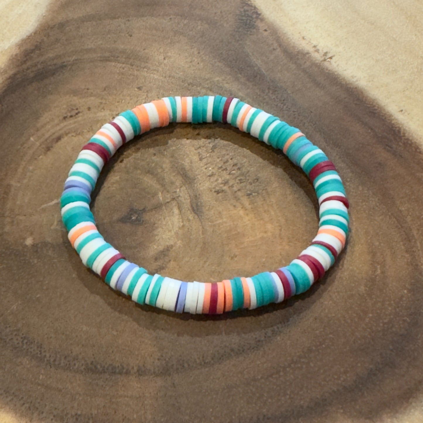 Inga Ann's Teal & White Striped Heishi Beaded Bracelet