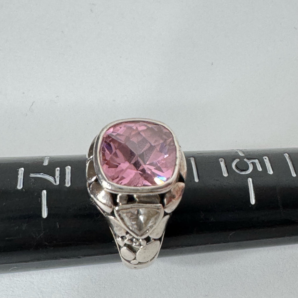 Vintage Sterling Silver Cocktail Ring w/Cushion Cut Pink Stone - Size 6