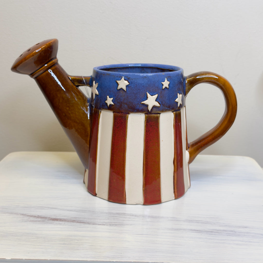 Red, White & Bue Ceramic Watering Can