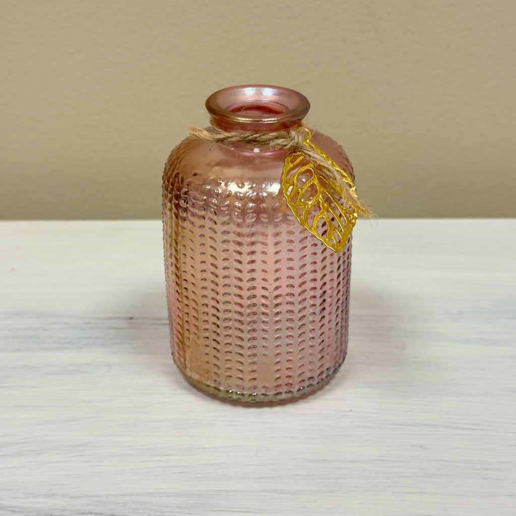 Pink Glass Bud Vase w/Gold Leaf Charm