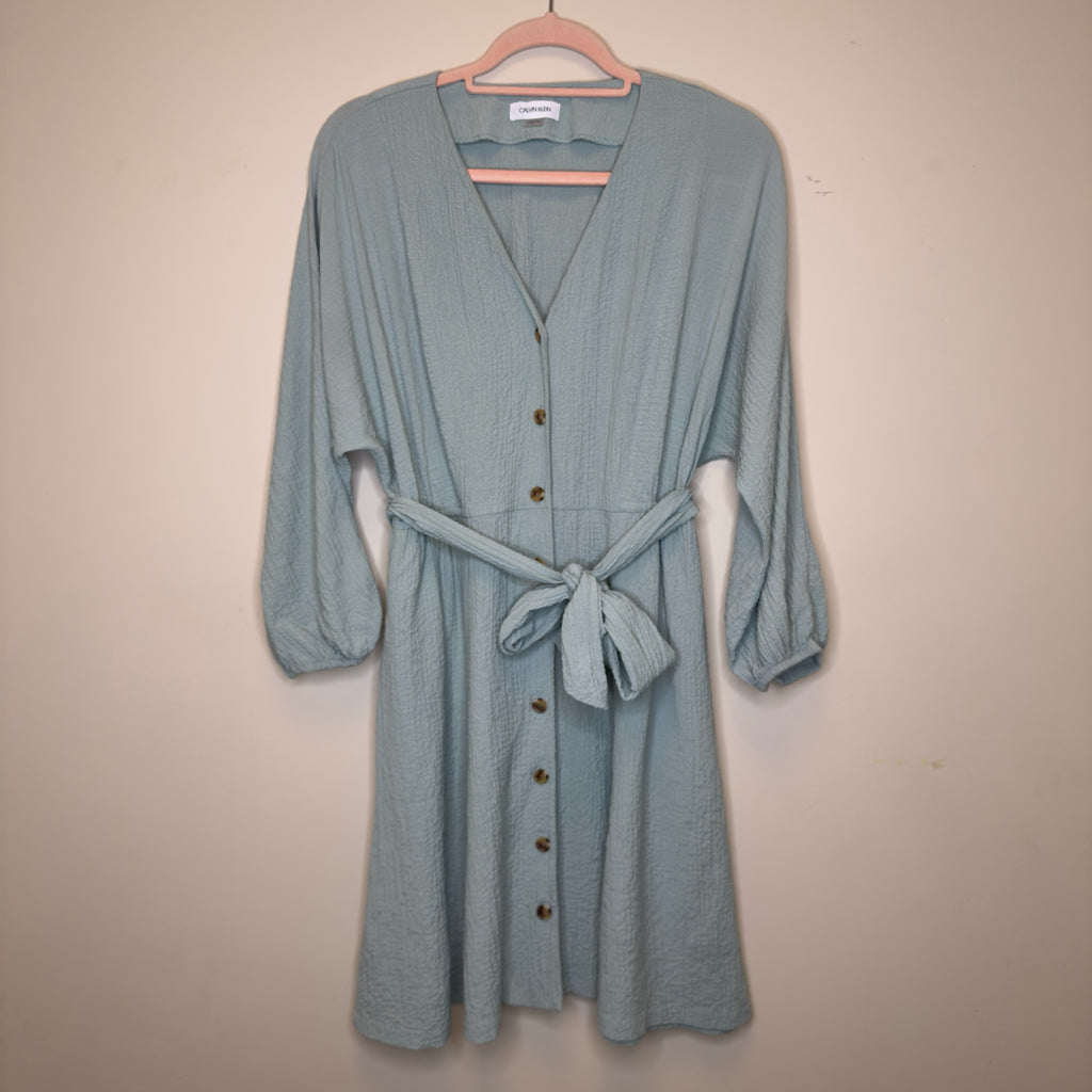 Calvin Klein Dress Green Gauze Textured Stretch Button Up V-Neck Long Sleeve - 4