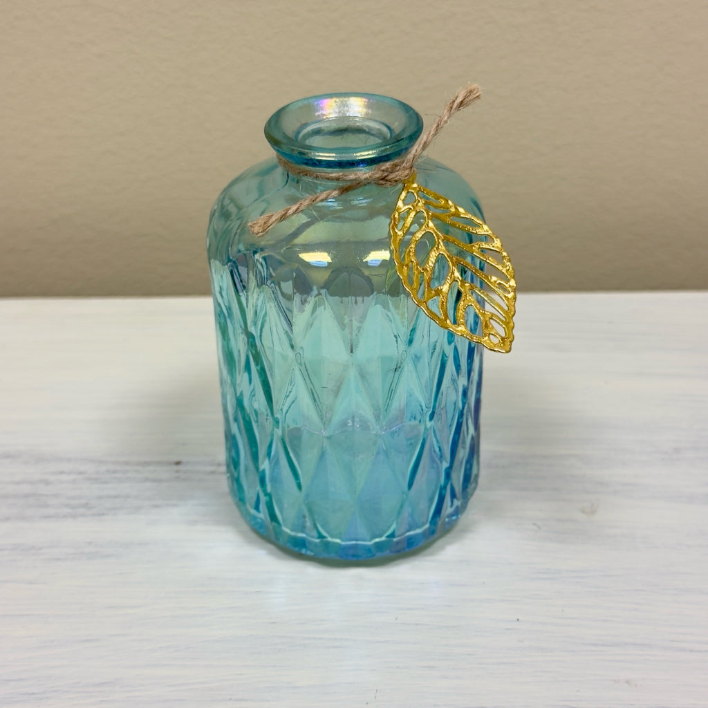 Blue Glass Bud Vase w/Gold Leaf Charm