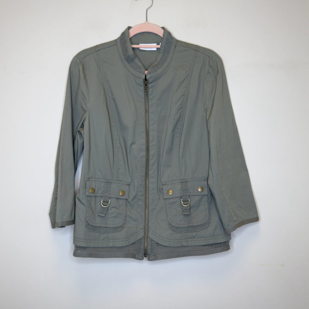 Chico's Army Green Crochet Trim Military Jacket - Size Medium
