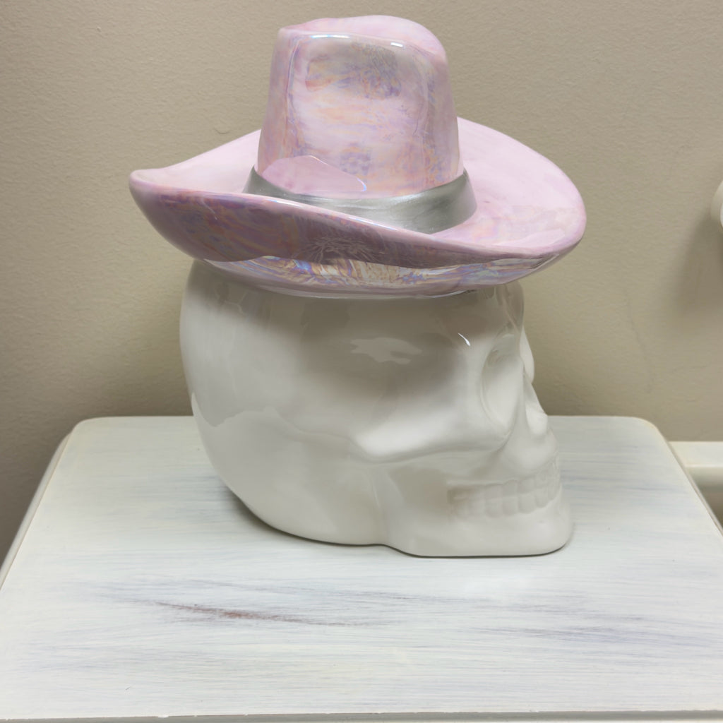 Halloween Skull Wearing Pink Cowboy Hat