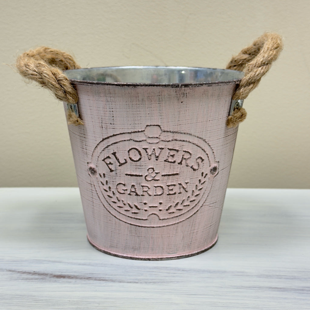 Pink Flowers & Garden Metal Pail