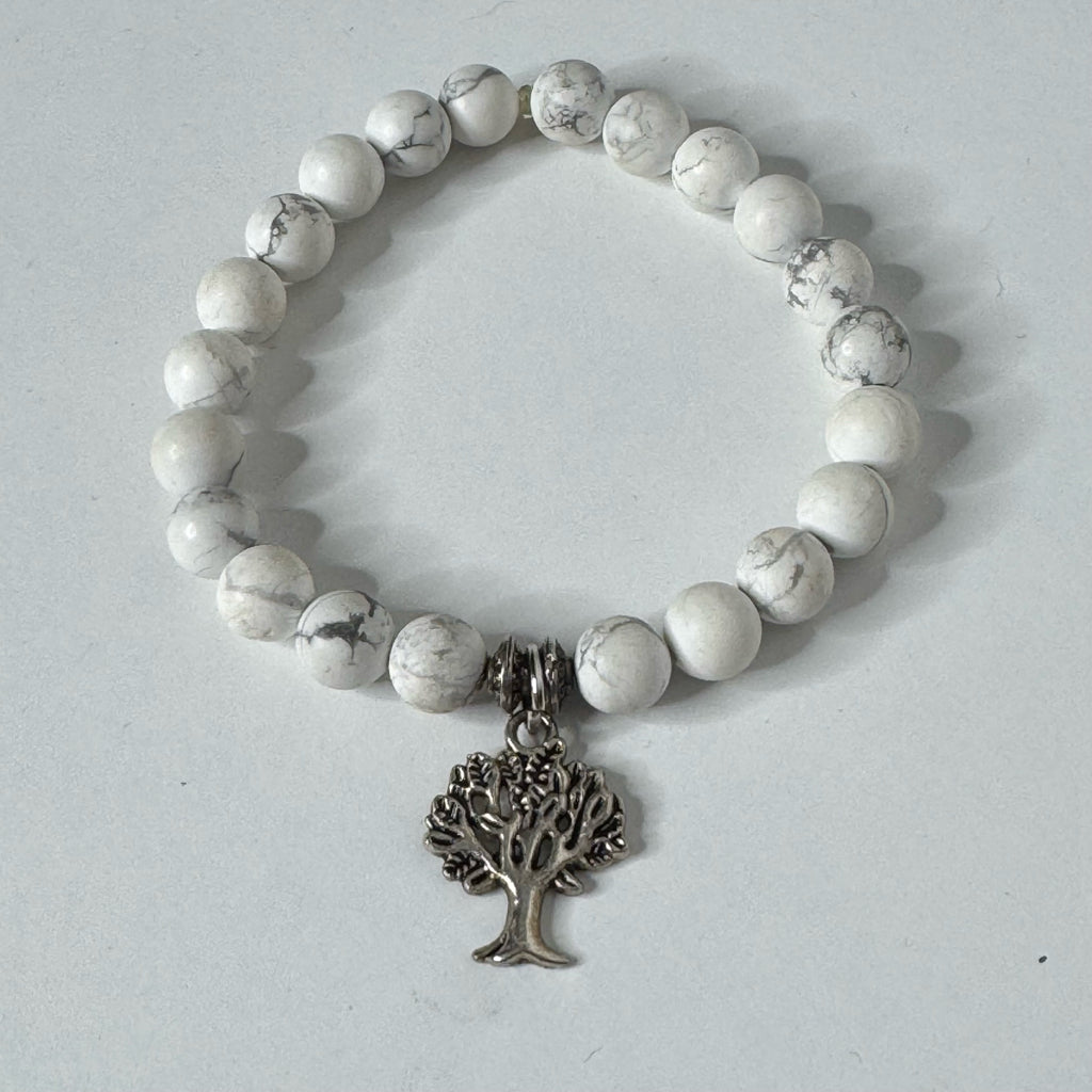 Inga Ann's White Howlite Beaded Bracelet w/Family Tree Charm