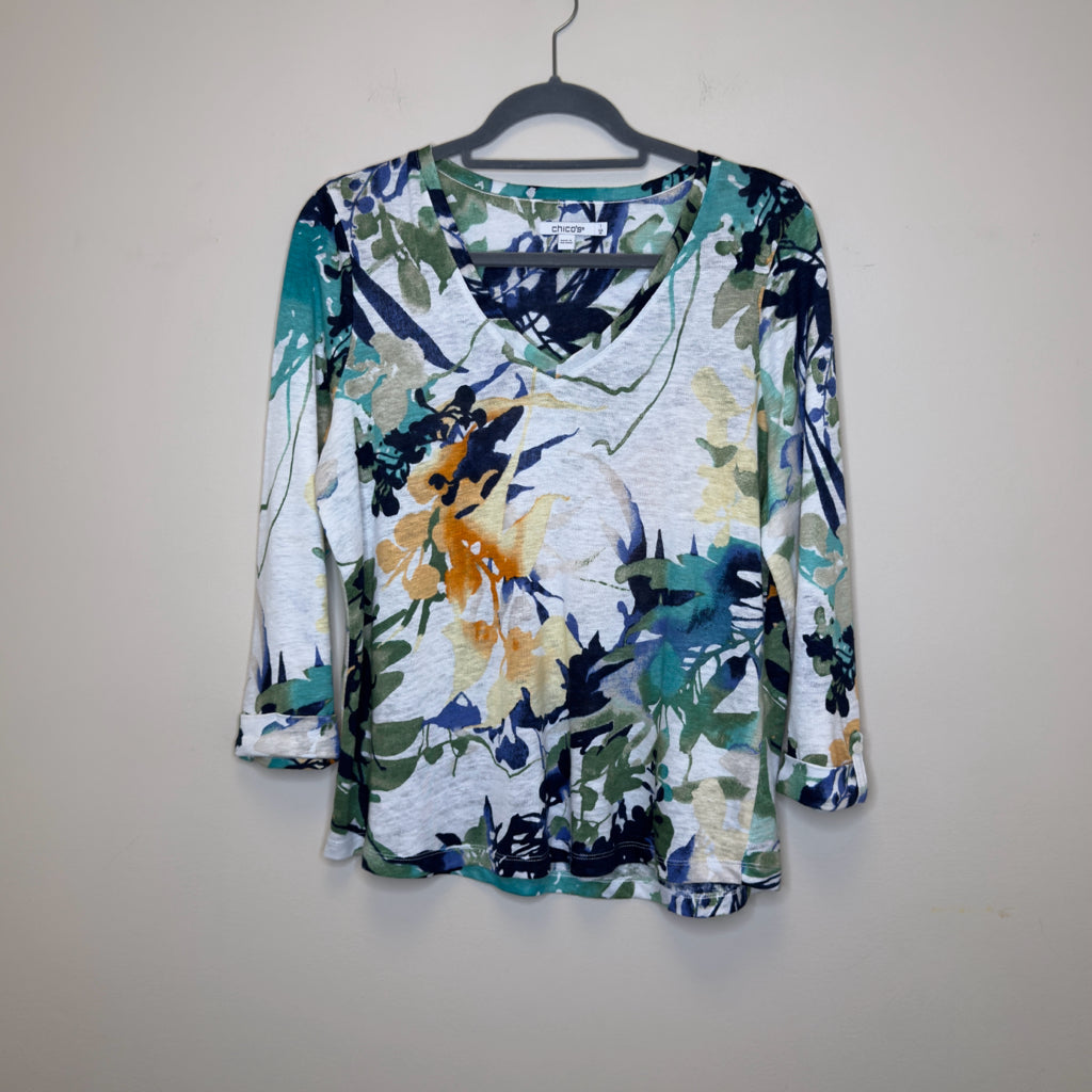 Chico's Floral Linen 3/4 Sleeve Top - Size Medium