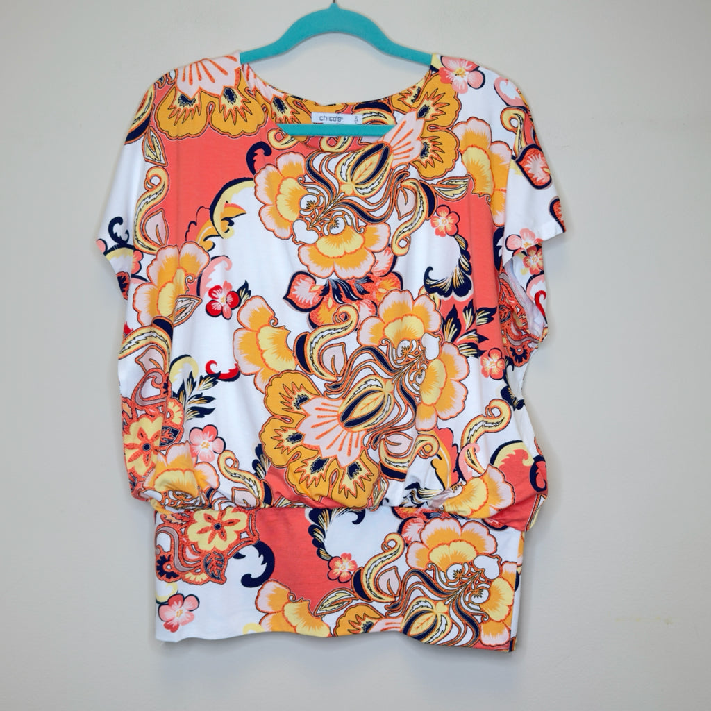Chico's Touch of Cool Floral Banded Hem Top - Size Large