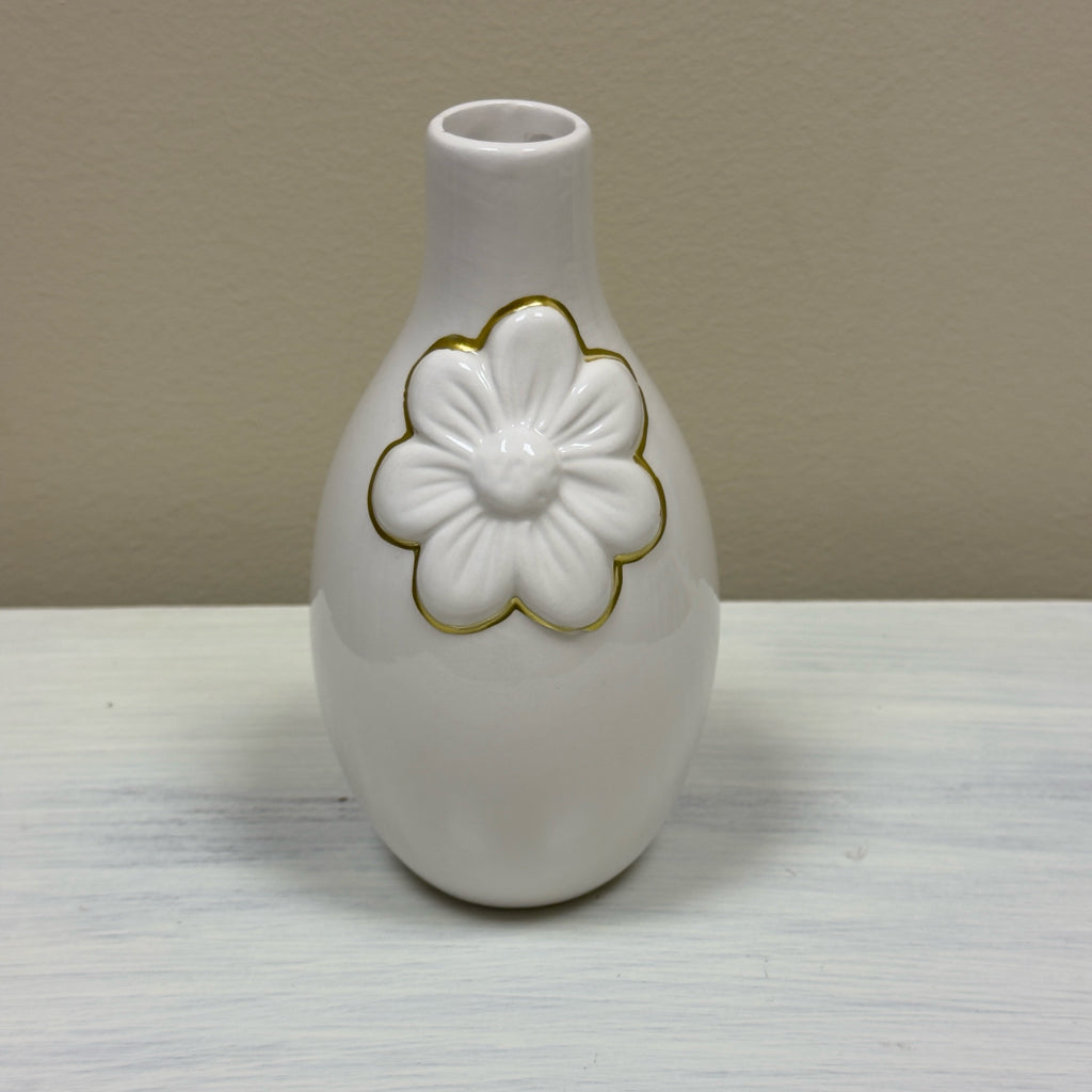 White Ceramic Vase w/Raised Flower