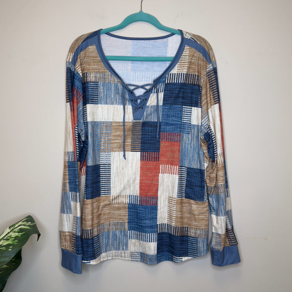 Multicolor Lace Up V-Neck Top - Size 3X