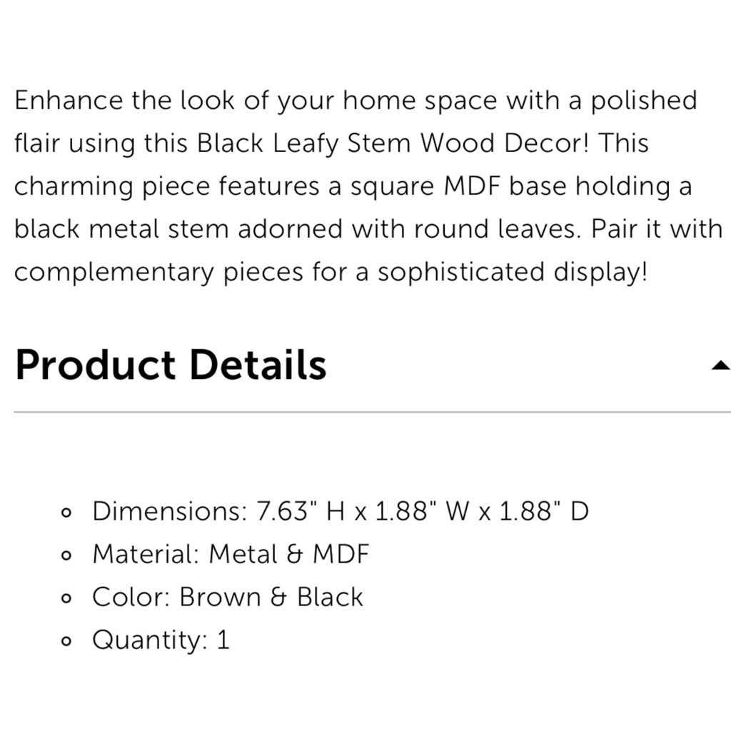 Black Leafy Stem Wood & Metal Decor