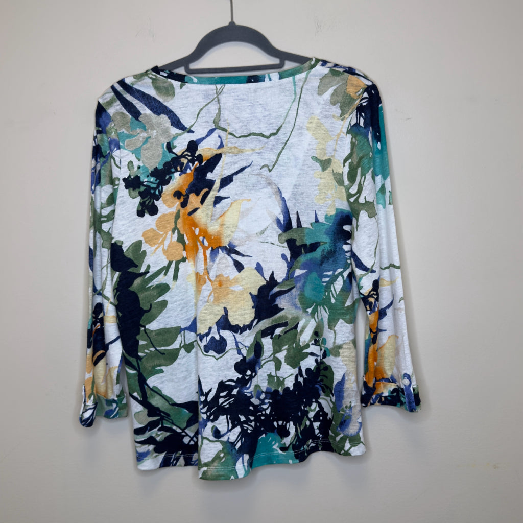 Chico's Floral Linen 3/4 Sleeve Top - Size Medium
