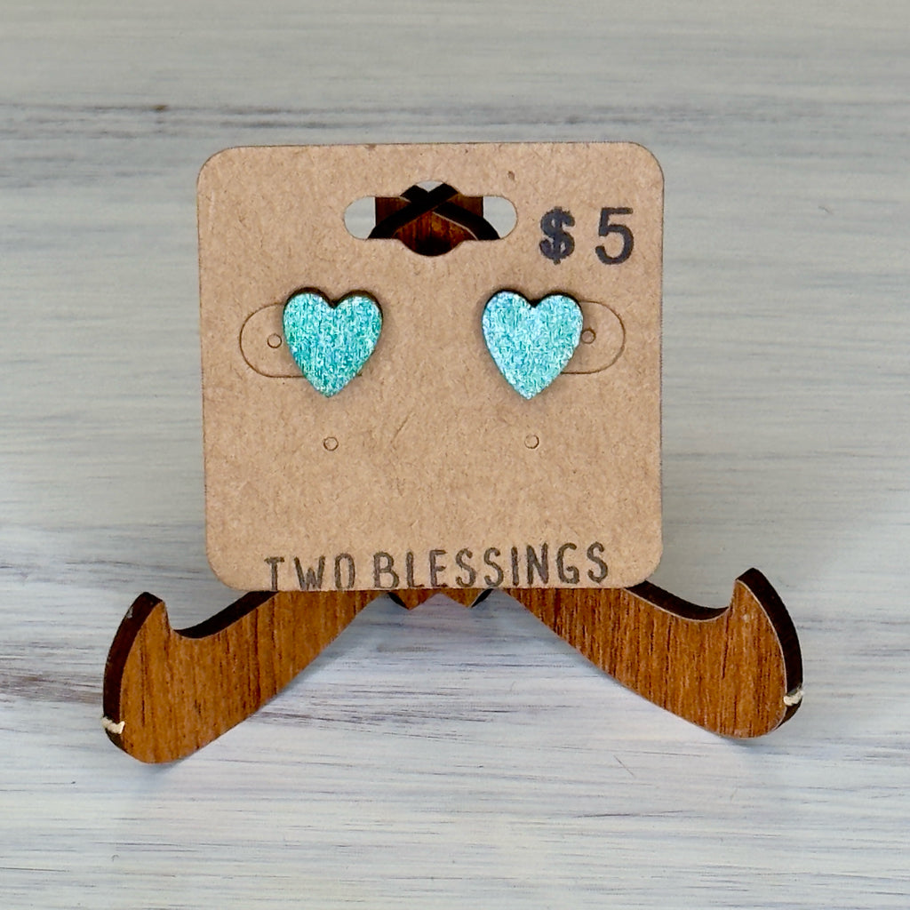 Two Blessings Earrings - Wood Hearts - Green