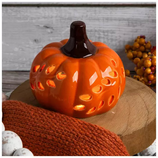 Light Up Cutout Ceramic Pumpkin - Orange