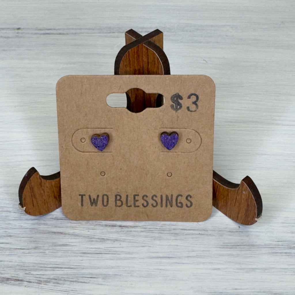 Two Blessings Earrings - Wood Heart - Purple