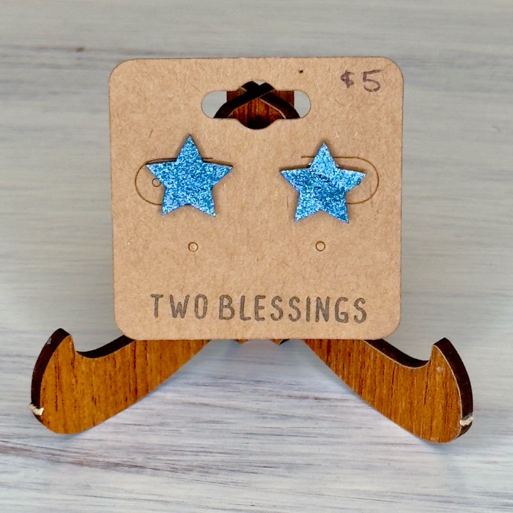 Two Blessings Earrings - Wood Star - Blue