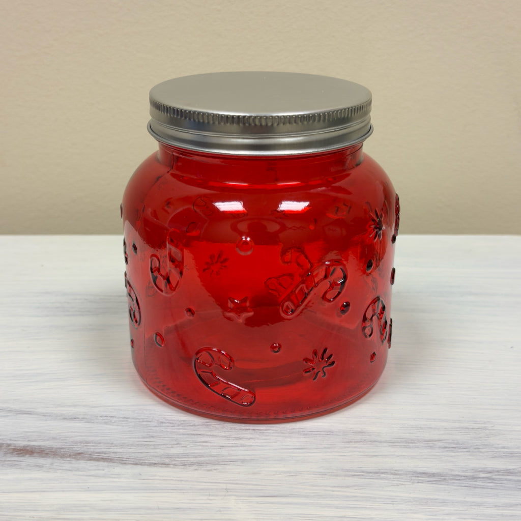 Red Candy Cane Embossed Glass Jar w/Lid