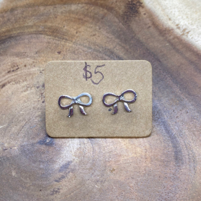 Silver Tone Ribbon Bow Post Earrings