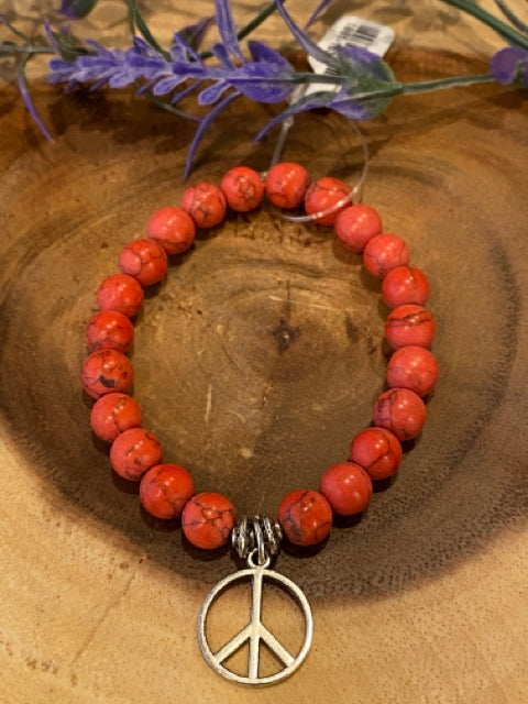 Inga Ann's Red Howlite Beaded Bracelet w/Peace Charm