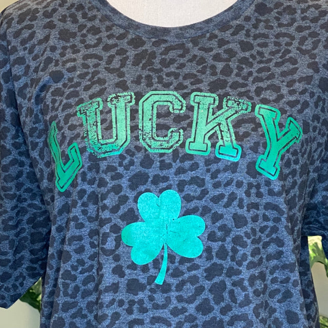 Lucky Leopard Print Graphic Tee - Size Large