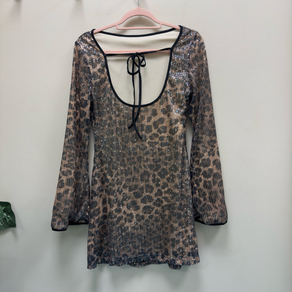 Leopard Print Long Sleeve Dress - Size Medium