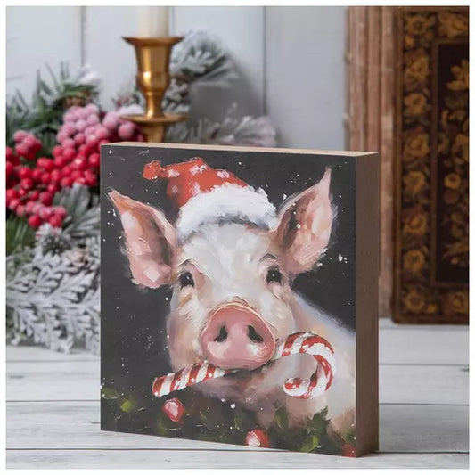 Candy Cane Pig Wood Decor
