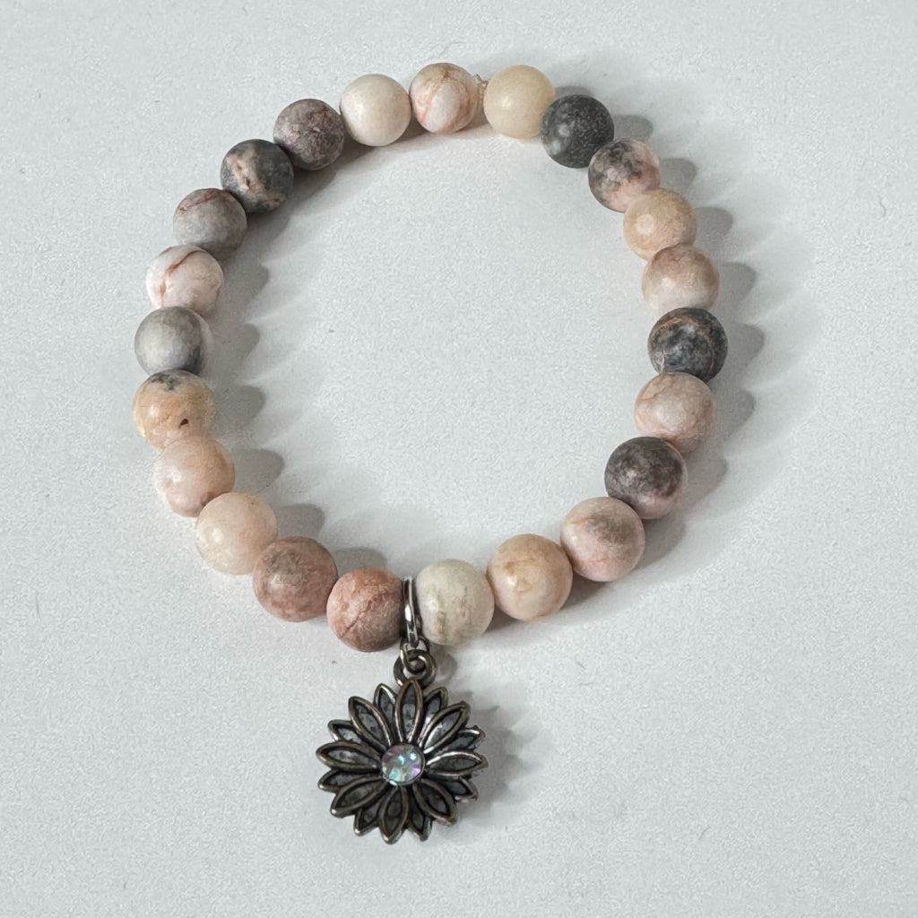 Inga Ann's Pink Zebra Jasper Beaded Bracelet w/Flower Charm