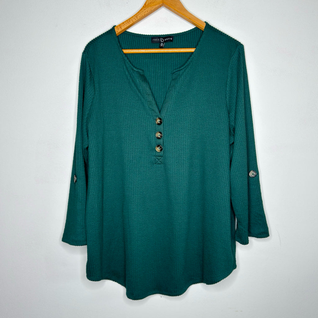 Fred David Textured 3/4 Sleeve Roll Tab Top - Size 1X
