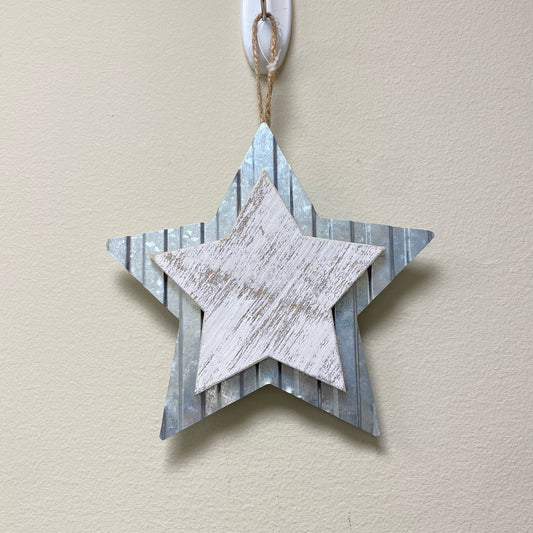 6 1/2" White Wood & Metal Hanging Star