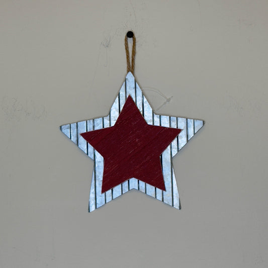 6 1/2" Red Wood & Metal Hanging Star