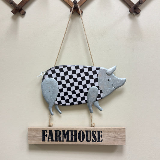 Checkered Pig Farmhouse Hanging Sign