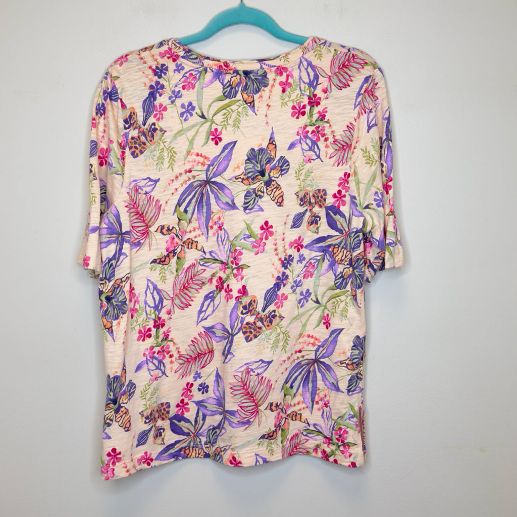 Chico's Tropical Floral Elbow Sleeve Tee - Size Large