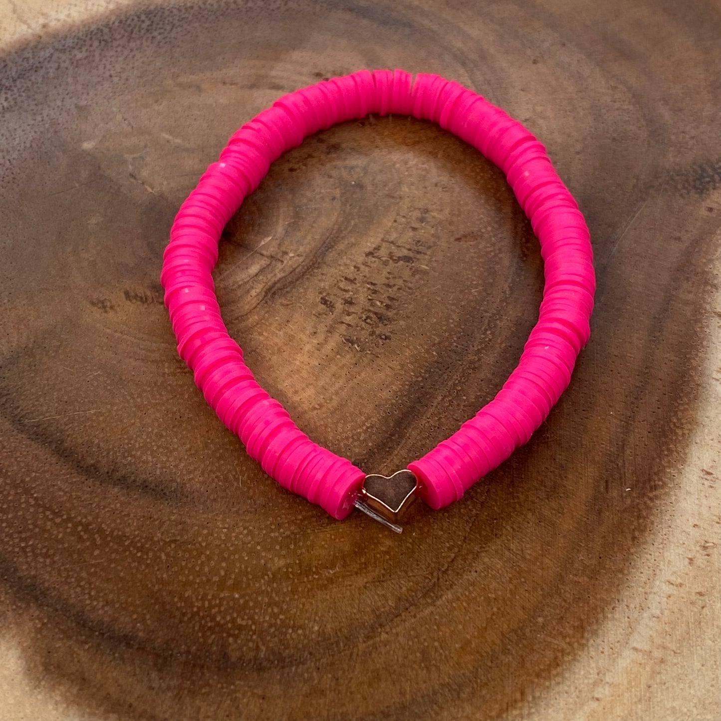 Inga Ann's Hot Pink Heishi Bracelet w/Rose Gold Heart