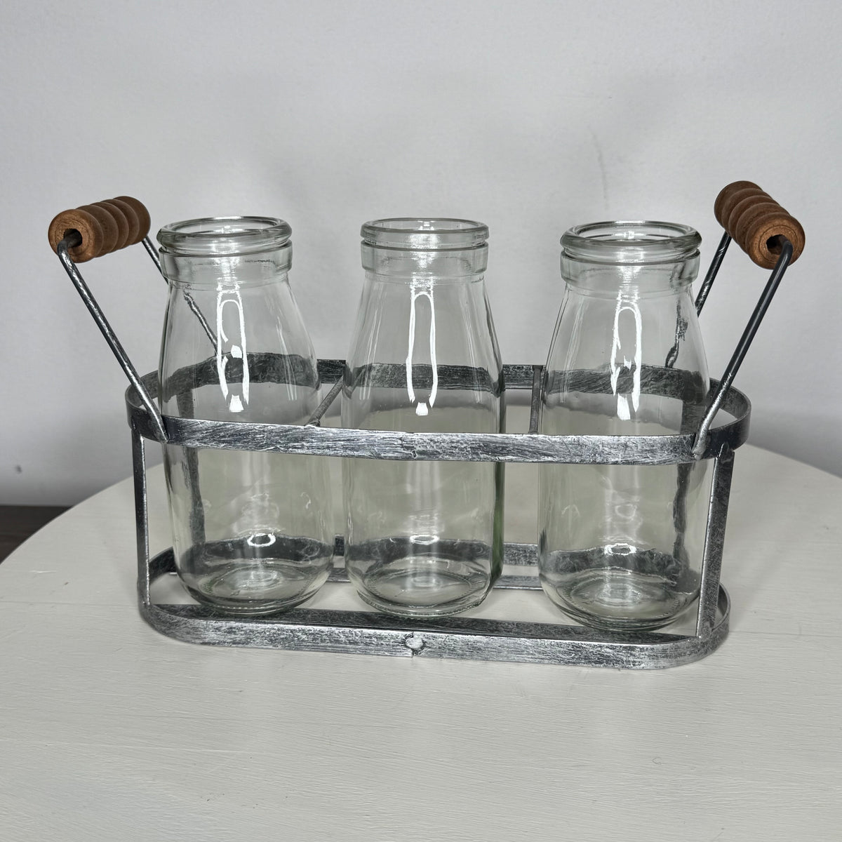 Metal Basket With Glass Milk Bottles